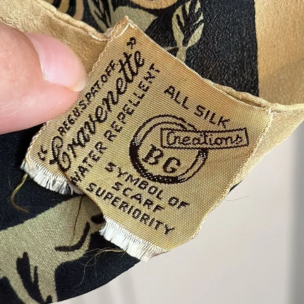 Vtg 50s/60s Cravenette gold,‎ black, green large silk water repellent silk scarf